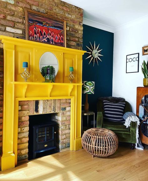 Bright Victorian Living Room, Bright Fireplace, Yellow Fireplace, Mantle Diy, Osborne House, Loft Style Homes, Country Fireplace, Airbnb Decor, Victorian Living Room