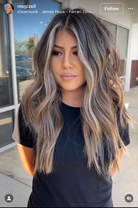 Hair Color Ideas For Brunettes Brown Eyes, Hair Inspo Color Baylage, Mushroom Blonde On Dark Hair, Brown Hair Teasy Lights, Brunette With Ribbon Highlights, Fall Hair Cool Tones Brown, Blonde Hair Color For Dark Skin, Vanilla Blonde Balayage On Dark Hair, Mid Length Shag Haircuts