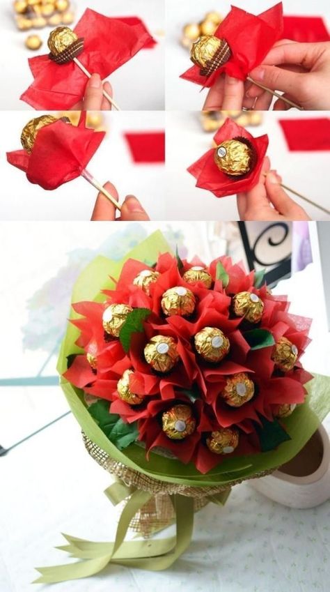 #presents #presentsforgirls #presentideas #gifts #valentinesdaypreset #photo #picture Creative Wreaths Diy Projects, Chocolate Flowers Bouquet, Chocolate Bouquet Diy, Candy Bouquet Diy, Valentine Gift Baskets, Candy Flowers, Chocolate Flowers, Gifts Wrapping Diy, Candy Crafts