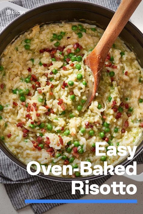 Broccoli Risotto Bake, Baked Risotto With Greens And Peas, Green Risotto Recipes, Recipes With Risotto, Baked Risotto Recipes, Weeknight Meal Plan, Baked Risotto, Rice Meals, Spinach Bake