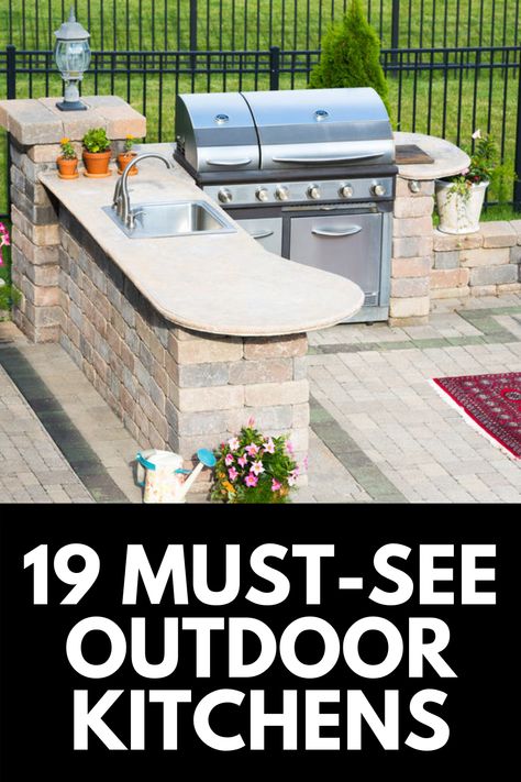 Here, we share 19 of our favorite outdoor kitchen ideas that you don't want to miss! Read more at OwnTheYard.com! Interiors 2024, Couch Designs, Bbq Backyard, Aesthetic Backyard, Simple Outdoor Kitchen, Kitchen Ideas Outdoor, Design Outdoor Kitchen, Kitchen Design Outdoor, Covered Outdoor Kitchens