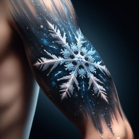 Snowflake Sleeve Tattoo, Snowflake Tattoo Sleeve, Snowflake Tattoo Ideas, Snowflake Tattoo Men, Northern Light Tattoo, Ice Dragon Tattoo, Weather Tattoos, Snowflakes Tattoo, Frost Tattoo