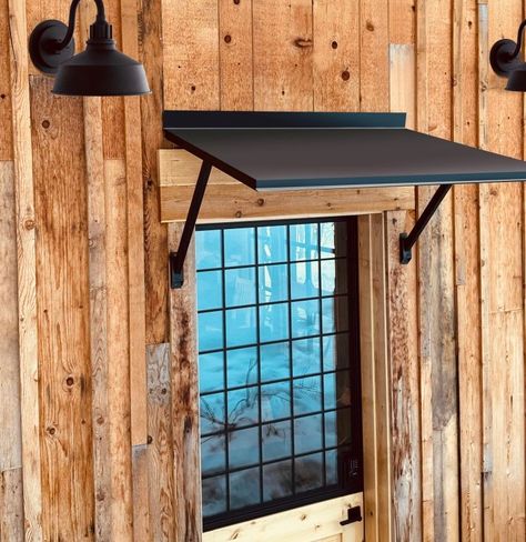 Securus Awning | Rustica Side Door Awning Ideas, Modern Window Awning, Diy Door Awnings Exterior, Awing Window Design, Eyebrow Awning, Cabin House Exterior, Halloween Balcony Ideas, Shop Canopy, Awning Over Door