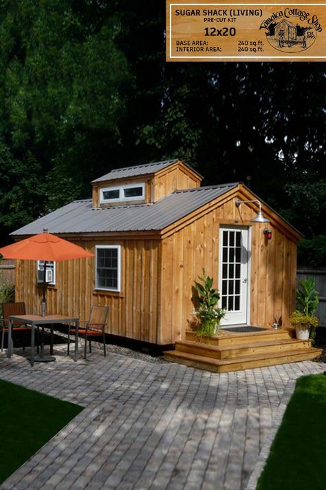 ★★★★★ Tania Kos August 26, 2020 Plans were sent right anyway- and we were on our way! Love the end result!!  This livable New England version of our 12'X20' Sugar Shack design is traditionally used as a designated building to boil maple syrup 🍁 or a four-season cabin for year-round enjoyment 🏡 #jcs #guesthouse #sugarshed #vermontlife #madeinvermont #homedecorating #cabinlove #jamaicacottageshop #tinyhouse #tinyhousedesign #mapleshed #sugarshack  Check out our "Sugar Shack" spec sheet here: Vermont Architecture, Jamaica Cottage, Building A Small Cabin, Tiny Cottages, Cottage Kits, Tiny Kitchens, Tiny House Kits, Outdoor Garden Sheds, Writing Room