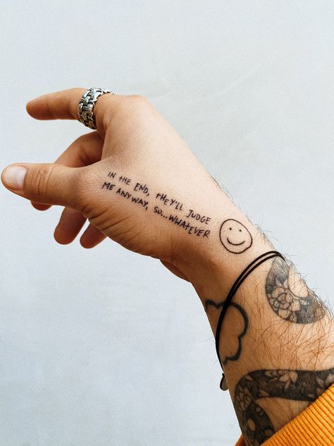 jc caylen’s hand tattoos Text Tattoo Arm, Through Tattoo, Word Tattoos On Arm, Side Hand Tattoos, Hand Tattoo Ideas, Text Tattoo, Poke Tattoo, Finger Tattoo, Boy Tattoos