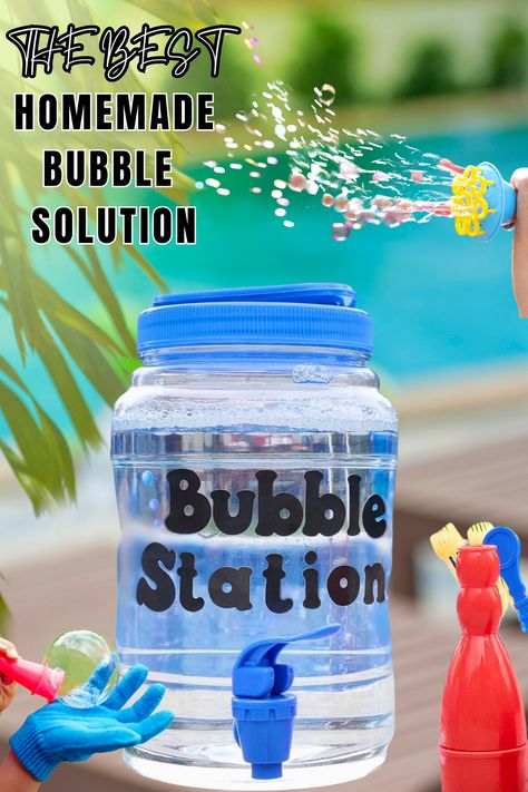 Homemade Bubbles For Bubble Machine, Diy Bubble Solution For Bubble Machine, Easy Bubble Solution Recipe, Bubble Solution For Bubble Machine, Birthday Party Bubble Station, Bubble Recipe Homemade, Bubble Machine Solution, Bubble Solution Recipe Glycerin, Home Made Bubble Solution