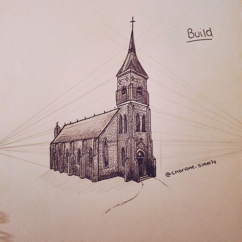 Inktober Day 5 - Word Prompt: Build by Charlotte SimmsDecided to try out Two Point Perspective and draw a small church :) 2 Point Perspective Drawing Objects, 2 Point Perspective Drawing Building, 2 Point Perspective Building, Buildings In 3 Point Perspective, Two Point Perspective Drawing Buildings, 3 Point Perspective Drawing Buildings, One Point Perspective Building Drawing, Church Drawing, Two Point Perspective