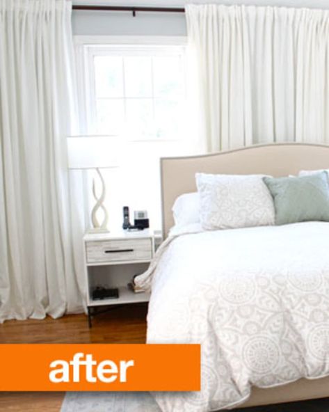 Before & After: Disguising Offset Windows Behind a Bed | Apartment Therapy Window Off Center Behind Bed, Curtains For Off Centered Windows, Off Centered Window Behind Bed Bedroom, Off Center Windows Behind Bed, Offset Window In Bedroom, Window Not Centered Behind Bed, Uncentered Window Behind Bed, Drapes Behind Headboard, How To Balance An Off Center Bedroom Window