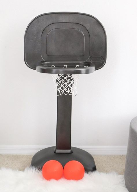 Painted Plastic Basketball Hoop For Toddlers - Oh Happy Play Spray Painting Plastic, Toddler Basketball Hoop, Basketball Painting, Spray Paint Plastic, Basketball Toys, Toddler Basketball, Activity Room, Basketball Net, Basketball Goals