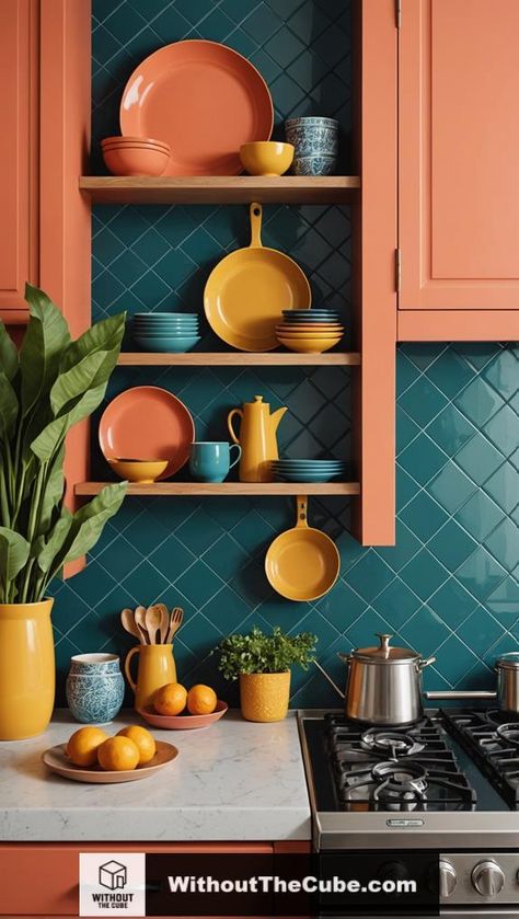 Layering colors for impact is essential for transforming your kitchen into a vibrant and inviting space. By employing color psychology and combining complementary hues, you can create an atmosphere that enhances mood and warmth. Explore how to achieve color harmony and striking visual flow to elevate your kitchen's overall aesthetic. #HomeDecor #KitchenDesign #BoldMaterials #ModernStyle #EclecticVibes #HomeInspiration Coral And Blue Kitchen, Eclectic Maximalism Kitchen, Small Colorful Kitchen, Maximalism Kitchen, Blue And Orange Kitchen, Terra Cotta Kitchen, Orange Kitchen Walls, Orange Kitchens, Kitchen Palette