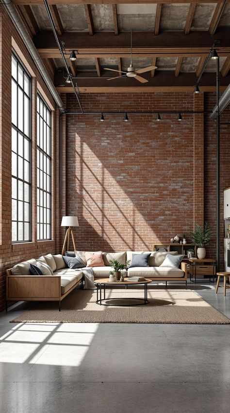 Street Style Room Ideas Industrial Loft Apartment Warehouse Living, Nyc Loft Aesthetic, Industrial Apartment Aesthetic, Brick Room Ideas, Exposed Brick Living Room, Exposed Brick Loft, Cozy Industrial Living Room, Brick Painted White, Style Room Ideas