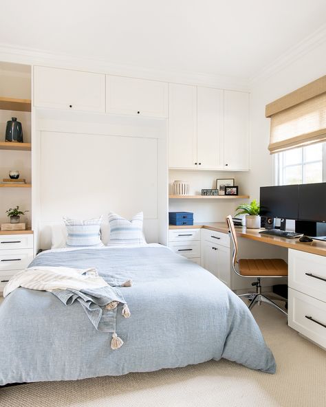 Many of us are still working from home. But space is at such a premium in the South Bay, sometimes rooms have to do double-duty. Need some ideas about how to create the perfect home office without sacrificing the guest room? We talk about this over on our blog. And, quick tip: We love custom-built murphy beds! 👉 For more follow @whitesandsdesignbuild 👉 Link in Bio Photographer: @laurenpressey Double Office Guest Room Combo, Built In Guest Bed, Office And Room Combo, Organic Modern Guest Room Office, Basement Office And Guest Room, Office And Murphy Bed, Basement Office With Murphy Bed, Home Office With Murphy Bed Built Ins, Murphy Bed Styling