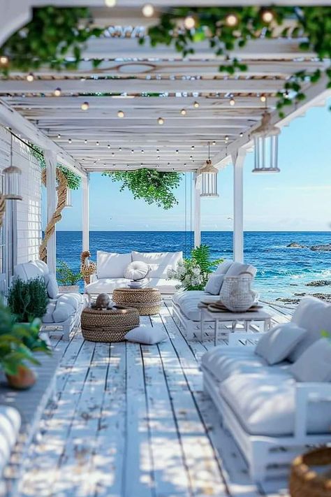 Beach Deck Ideas Outdoor, White Pool Deck, Dream Terrace, Beautiful Pergola, Backyard Beach, Dream Beach Houses, Patio Inspiration, Patio Garden Design, Dream Beach