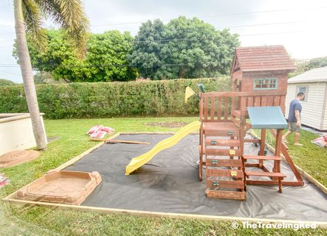 Diy Play Yard Backyard Ideas, Backyard Playground With Sand, Sandbox Around Playset, Playhouse With Sandbox Beside, Simple Backyard Playground, Easy Diy Outside Play Area, Small Backyard With Playground, Swingset Area Ideas, Small Backyard With Playset