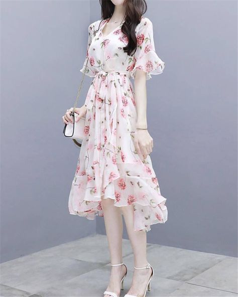 Floral Dress Women Fashion V Neck Chiffon Print Flowy Party Dress Female Korean Style Ruffle Sleeve Summer Midi Dress Vestidos| | - AliExpress Floral Dress Korean Style, Korean Dress Elegant, Korean Fashion Dress Casual, Flowy Party Dress, Dress Elegant Casual, Korean Fashion Women Dresses, Chinese Fancy Dress, Summer Midi Dress, Floral Chiffon Maxi Dress