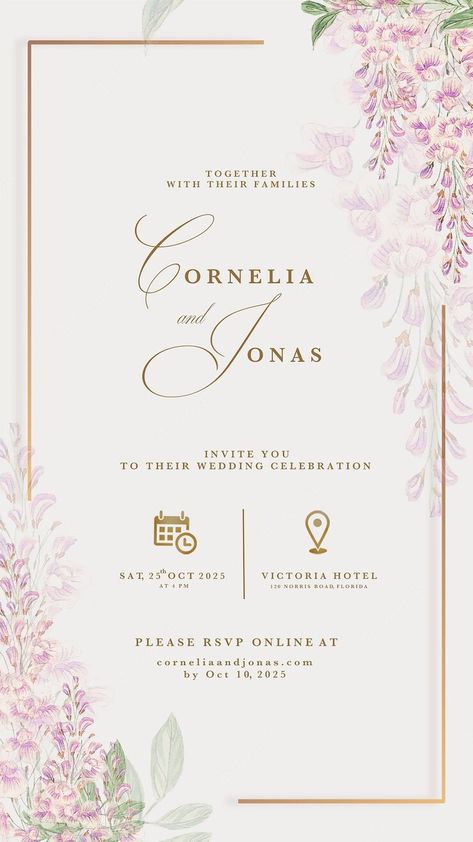 Premium PSD | Digital wedding invitation with pink hyacinths Wedding Cards Images, Cartoon Wedding Invitations, Digital Wedding Invitations Templates, Engagement Invitation Cards, Wedding Card Frames, Digital Invitations Wedding, Floral Cards Design, Wedding Invitation Card Design, Wedding Invitations Online