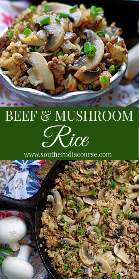 Beef Mushroom Rice Casserole, Mushroom Beef Recipes, Beef Mushroom Recipes, Beefy Rice Recipe, Beef Mushroom Rice, Beef And Mushroom Casserole, Louisiana Dirty Rice Recipe, Louisiana Dirty Rice, Mushroom Rice Casserole