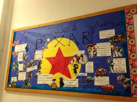 February bulletin board. "Life Lessons From Pixar" The Luxo ball is a red paper star (I had to paint white paper red) on a yellow circle. I just used Pixar images and picked a few "lessons" and quotes from each movie. (Finding Nemo, Up, Ratatouille, Monster's Inc & Uni, Wall-E, Brave, Cars 1/2/3, Bug's Life, Incredibles, Toy Story 1/2/3) #reslife #bulletinboard #pixar #luxoball #RA #lifelessons Classroom Disney Theme, Pixar Classroom, Mater Cars Disney, Pixar Room, February Bulletin Board Ideas, Disney Party Diy, Pixar Quotes, Disney Cars Cake, Dorm Themes