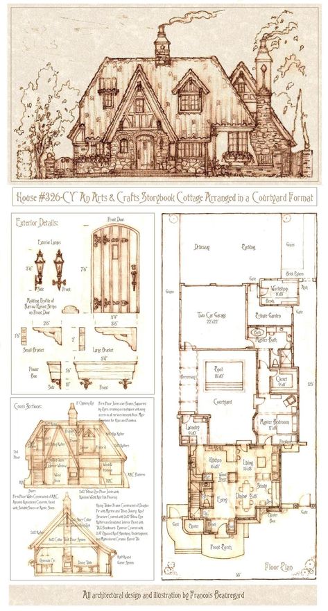 Storybook House, Storybook Homes, Vintage House Plans, Storybook Cottage, Sims House Plans, Casa Vintage, Tudor House, Cottage Plan, Architectural Drawing