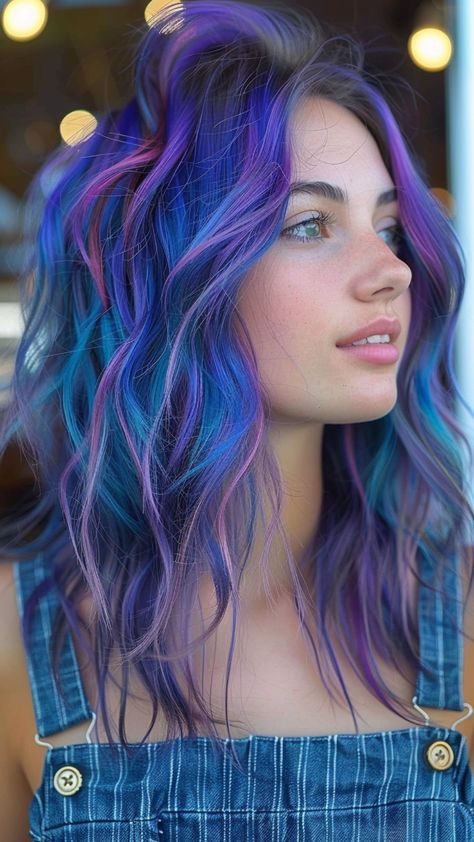 26 Blue Hair Inspirations for a Cool and Casual Vibe Pops Of Vivid Hair Color, Vibrant Hair Color Ideas Summer, Cool Vivid Hair Color, Vibrant Color Hair, Cool Tone Vivid Hair Color, Low Maintenance Vivid Hair Color, Purple Vivid Hair Color, Vibrant Highlights On Dark Hair, Lavender And Blue Hair