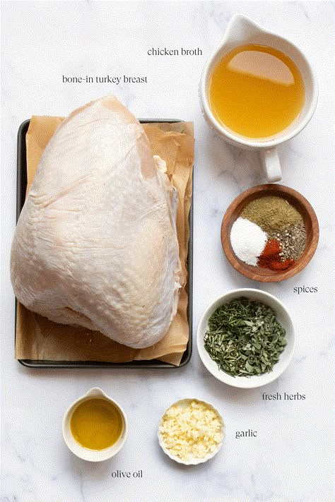 ingredients to make bone-in roasted turkey breast How To Cook Bone In Turkey Breast, How To Season A Turkey Breast, Oven Roasted Turkey Breast Bone In, Roasted Turkey Breast Bone In, Bone In Turkey Breast Recipes Oven, Bone In Turkey Breast Recipes, Turkey Breast Seasoning, Temp To Cook Turkey, Bone In Turkey Breast