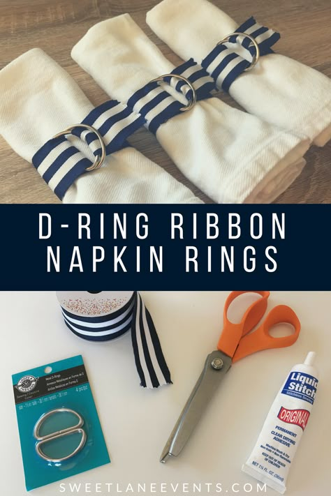 Super simple easy DIY napkin rings.  Only materials required are ribbon & d-rings.  Striped napkin rings | party napkin rings | place settings | nautical napkin rings | Sweet Lane Events Ribbon Napkin Rings, Ribbon Napkin, Nautical Napkin Rings, Diy Napkin Rings, Thanksgiving Napkin Rings, Napkin Rings Diy, Wood Napkin Holder, Thanksgiving Napkins, Rings Diy