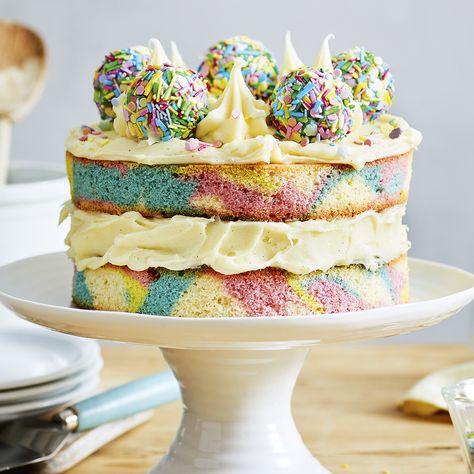 Rainbow Marble Cake Recipe | Recipes from Ocado Best Marble Cake Recipe, 3 Layer Marble Cake Recipe, Homemade Marble Cake Recipe Easy, Simple Marble Cake Recipe, Rainbow Marble Cake, Rainbow Swirl Cake, Marble Cake Recipe, Cake Recipe From Scratch, Cake Recipes Uk