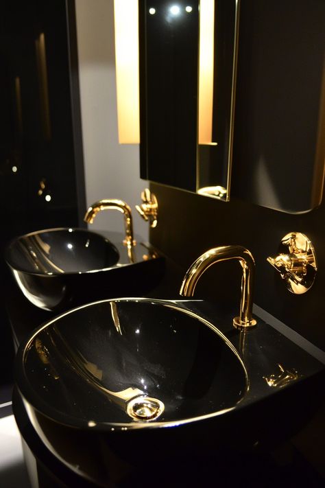 Gold and black bathroom decor ideas are a timeless combination that never goes out of style.  Explore stunning ideas for gold and black bathroom decor, from glamorous lighting fixtures to chic wall art.  Discover a range of styles, from modern to traditional, to create a bathroom that is both elegant and inviting. Black And Gold Bathroom Aesthetic, Gold Bathroom Aesthetic, Gold And Black Bathroom, Black And Gold Bathroom Ideas, Gold Bathrooms, Gold Black Bathroom, Gold Bathroom Ideas, Black Bathroom Decor Ideas, Black Marble Countertops