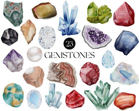 Drawing Crystals, Crystal Clipart, Watercolor Crystals, Gemstone Painting, Witch Planner, Crystals Watercolors, Neck Bone, Map Nursery, Gem Drawing