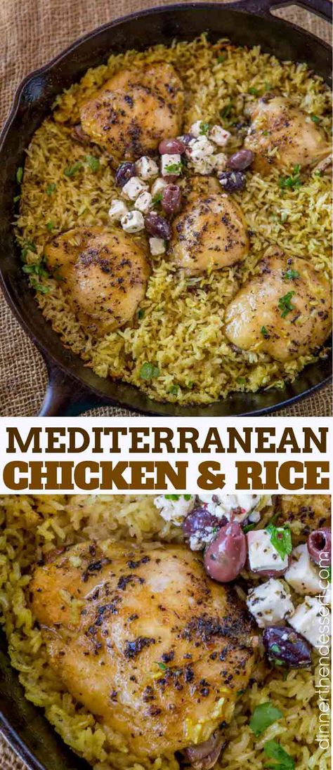 One Pot Mediterranean Chicken and Rice made with chicken thighs and turmeric seasoned rice baked in the oven until crispy and tender. Mediterranean Casserole, Mediterranean Chicken And Rice, One Pot Mediterranean, Mediterranean Chicken Thighs, Chicken Mediterranean, Mediterranean Rice, Mediterranean Chicken Recipes, Mediterranean Diet Recipes Dinners, Mediterranean Diet Meal Plan