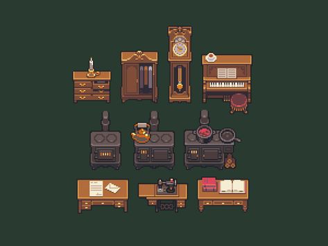 5kraD (@fivekrad) / X Pixel Living Room, Pixel Art Furniture, Pixel Art Reference, Pixel Furniture, Pixel Room, Pixel Game, Indie Game Art, Pixel Art Tutorial, Arte 8 Bits