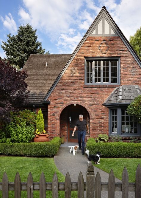 Modern Brick Bungalow, Tudor Revival Cottage, Brick A Frame House, Best Shingle Colors For Red Brick, 1920s Brick House, Tudor Style Homes Exterior, Red Brick Tudor, Tudor Revival House Exterior, Tudor Porch