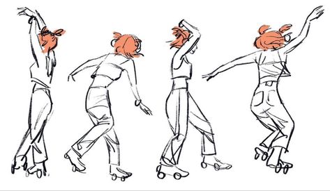 A series of sketchy drawings that show a dancing roller skater with headphones on. She has orange short hair. Rollerskating Poses Drawing, Roller Skating Animation, Roller Derby Character Design, Dancing References, Skater Drawing, Drawing Gestures, Skating Poses, Anatomy References, Fancy Art