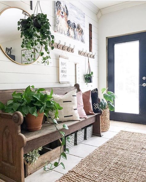 Industrial Farmhouse Entryway, Farmhouse Entryway Decor, Church Pew Bench, Pew Bench, Farmhouse Mudroom, Painted Fox Home, Painted Fox, Farmhouse Entry, Church Pews