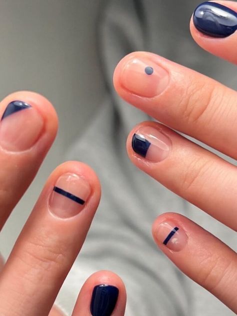 Minimal, Navy Negative Space Nail Design Space Nail Art, Blue Prom Nails, Negative Space Nail Art, Dark Blue Nails, Minimal Nails Art, Negative Space Nails, Mens Nails, Space Nails, Pink Glitter Nails