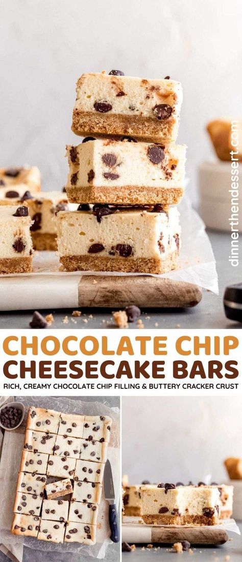 Chocolate Chip Cheesecake Bars collage Chocolate Chip Cheesecake Bars, Chocolate Chip Cookie Cheesecake, Cheesecake Desserts Recipes, Savory Dessert, Cheesecake Lovers, Cheesecake Bar Recipes, Chocolate Chip Cheesecake, Best Cheesecake, Cracker Crust