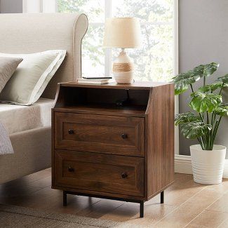 Nightstands & Bedside Tables : Target Wooden Nightstand, Mdf Frame, Cord Management, 2 Drawer Nightstand, Bedroom Night Stands, Drawer Nightstand, Furniture Hardware, Dark Walnut, Dresser As Nightstand