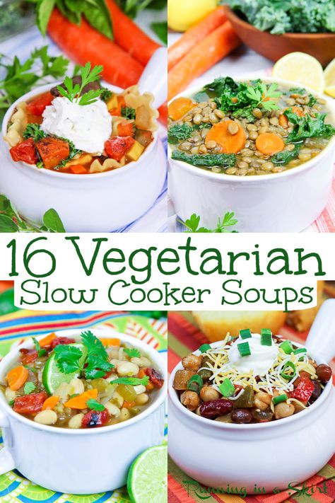 15+ Vegetarian Soup Recipes made Crock Pot & Slow Cooker. Homemade & Healthy Vegetarian & Vegan Soups that are easy and simple to make. List includes the best Vegetarian Chili, Lentil Soup, Lasagna Soup, White Bean Soup, Black Bean Soup, Taco Soup, Potato Soup, Vegetable Soup and more! Loaded with vegetables! Many can also be made in an Instant Pot. Looking for healthy crockpot meals recipes? This is it! / Running in a Skirt #crockpot #slowcooker #instantpot #vegan #vegetarian #vegancrockpot Vegan Crockpot Soup, Soup White Bean, Vegetarian Crockpot Soup, Crockpot Meals Recipes, Meatless Soup Recipes, Slow Cooker Soup Vegetarian, Best Vegetarian Chili, Vegetarian Vegetable Soup, Soup Lasagna