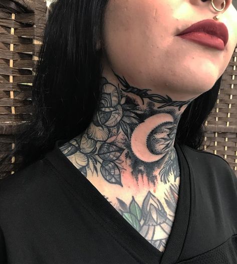 Throat Tattoo Designs, Neck Tattoo Cover Up, Throat Tattoos, Front Neck Tattoo, Full Neck Tattoos, Butterfly Neck Tattoo, Girl Neck Tattoos, Side Neck Tattoo, Neotraditional Tattoo