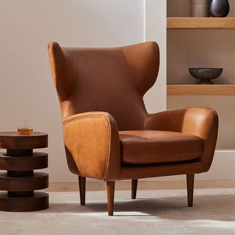 lucia wing chair | West Elm Leather Wing Chair, Wing Chair, Wood Chair, Wingback Chair, Leather Chair, West Elm, Accent Furniture, Living Room Chairs, Leather Upholstery