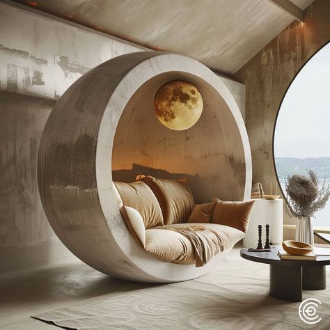 The Moon Sphere Couch is a stunning, sphere-shaped piece with a cozy couch nestled inside. This unique design creates an intimate, cocoon-like seating area, perfect for relaxation and conversation. The exterior boasts a sleek, modern look, while the interior offers plush cushions for ultimate comfort. Ideal for making a bold statement in any living space, the Moon Sphere Couch combines innovative design with luxurious comfort. Conceptual AI Art Follow @ecosapiens for more! Furniture Aesthetic, Unique Seating, Curved Furniture, Unique Sofas, Cozy Couch, Dream House Interior, Tea House, Innovative Design, Designer Furniture