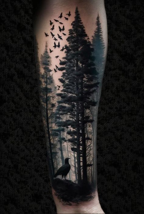 Tree Cover Up Tattoo, Asher Tattoo, Treeline Tattoo, Dark Nature Tattoo, Forest Tattoo Ideas, Forest Tattoo Sleeve, Forest Forearm Tattoo, Tree Silhouette Tattoo, Forearm Cover Up Tattoos