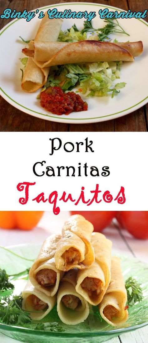 Carnitas Flautas, Carnitas Taquitos, Pork Taquitos Recipe, Pork Taquitos, Healthy Pork Chop Recipes, Taquitos Recipe, Pork Roll, Taco Seasoning Recipe, Leftover Pork