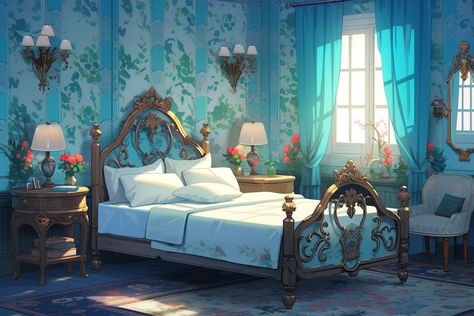 Ai art Animated Bedroom, Bed Rooms Ideas, Living Aesthetic, Gacha Backgrounds, Rooms Ideas, Fantasy City, Background Pictures, Gacha Club, Anime Background