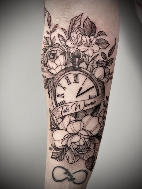 Flowers With Clock Tattoo, Flower And Clock Tattoo For Women, Clock Flower Tattoo, Old Watch Tattoo, Old Clock Tattoo, Time Clock Tattoo, Clock And Rose Tattoo, Around Arm Tattoo, Watch Tattoo