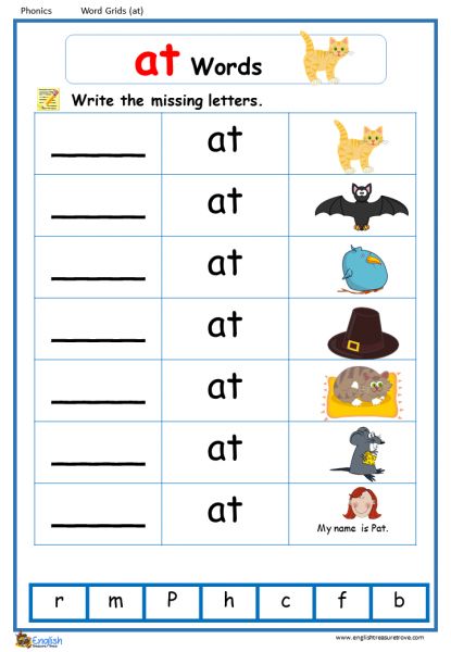 At Worksheets For Kindergarten, At Family Words Free Printable, At Words Activities, At Family Words Worksheet, At Words Worksheets, Lkg Worksheets Activities English, Phonics Activities Kindergarten, Am Words, Free Phonics Worksheets