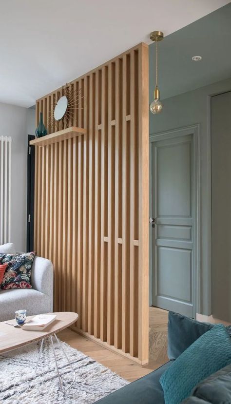 Entryway Partition Wall, Foyer Partition Ideas Entryway, Wood Slat Wall Room Divider, Wood Slat Wall Partition, Room Devided In Two, Loft Room Divider Ideas, Wood Slat Entry Wall, Wood Slat Wall Divider, Slatted Wall Divider