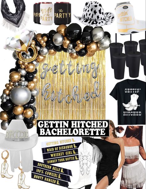 Gettin Hitched Bachelorette Party, Getting Hitched Bachelorette Party, Bachelorette Party Ideas Country Western Theme, Bachlorette Party Theme Ideas Nashville, Bachelorette Country Theme, Bachelorette Party Ideas Cowboy, Black And White Nashville Bachelorette, Nashville Bachelorette Party Themes, Country Bachelorette Party