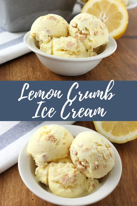 Rich, creamy lemon crumb ice cream filled with the bright flavor of lemon and the salty sweet flavor of a graham cracker crust! #icecream #lemon Homemade Lemon Ice Cream Recipes, Summer Ice Cream Flavors, Lemon Cheesecake Ice Cream, Spring Ice Cream Flavors, Lemon Sorbet Recipe Ice Cream Maker, Ice Cream In Lemon, 3 Ingredient Lemon Ice Cream, Lemon Ice Cream Cake, Homemade Lemon Ice Cream