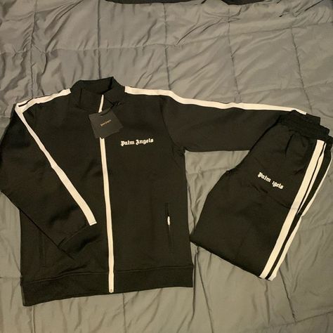 Palm Angels Black & White Tracksuit (2 Piece Men’s Large) Full Zip Jacket Pants Palm Angels Tracksuit, White Tracksuit, Pieces Men, Palm Angels, Zip Jacket, Black White, Angel, Black And White, Tags